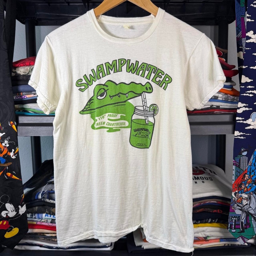 Vintage 80s White Swampwater Green Alligator Graphic T-Shirt Large Light Marks